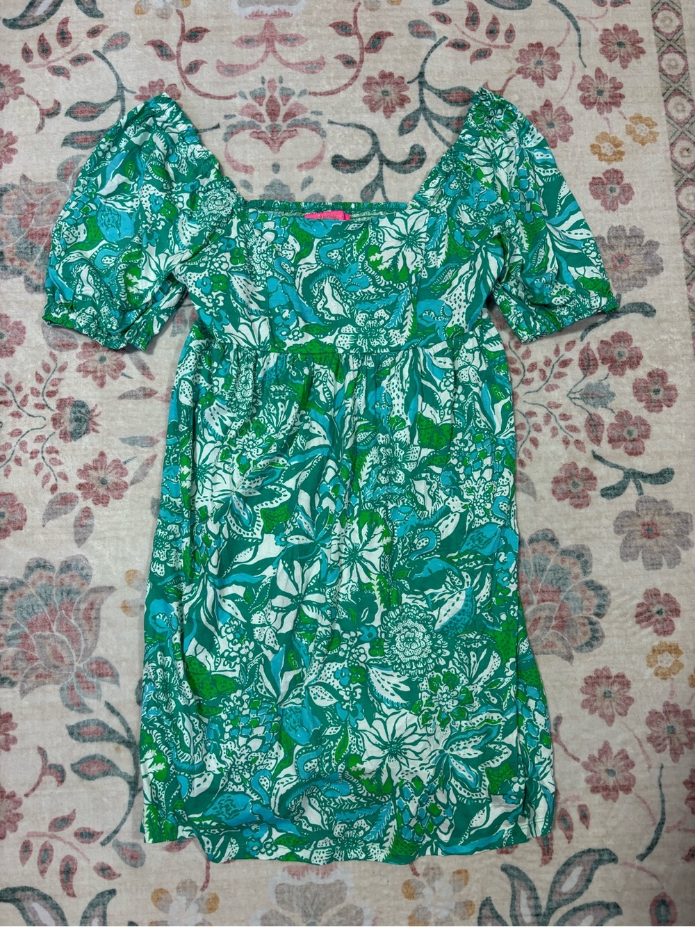 Lilly Pulitzer Green and Teal Floral Puff-Sleeve Mini Dress